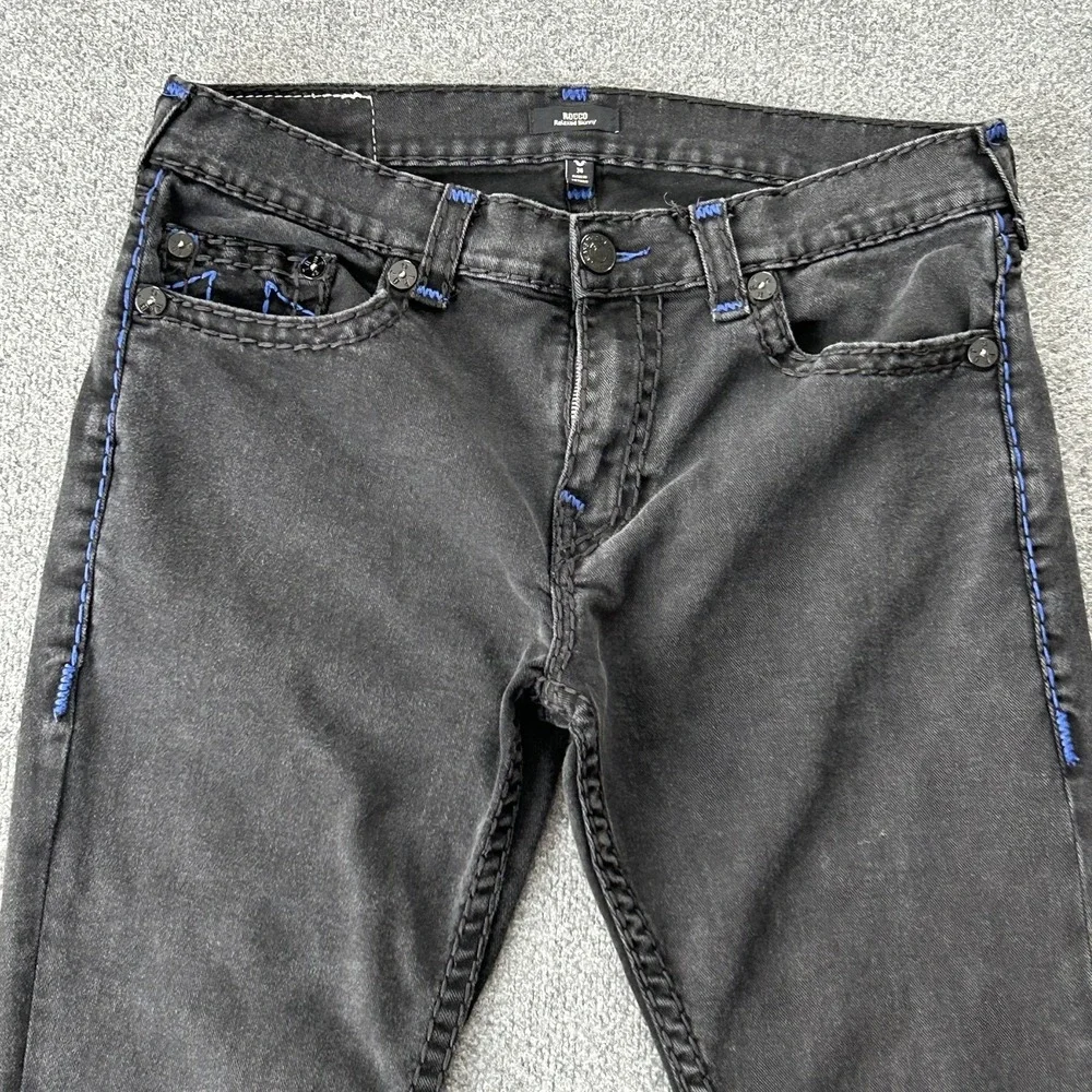 True Religion Rocco Jeans‎ Mens 37x31 Black Relaxed Skinny Contrast Stitch Denim